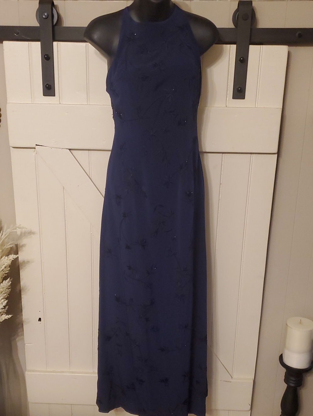 Elegant Navy Beaded Halter Evening Dress